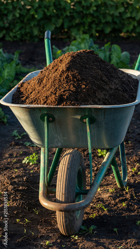 Wheelbarrow filled with soil in a garden setting.