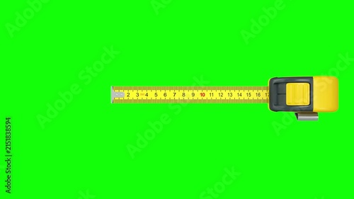 Yellow retractable tape measure extends smoothly from its case across white, black, and green screen backgrounds, showing measurement markings in a simple studio style, 3D animation