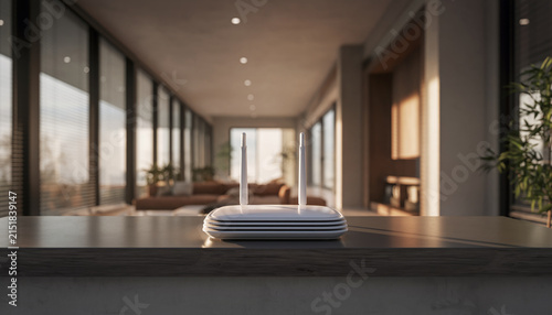 Wireless router placed on a table in a modern room.
