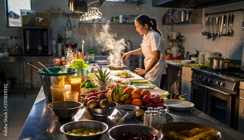 Woman cooking in a modern kitchen with various fresh ingredients on the counter.