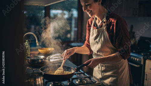 Woman cooking rice on a stovetop in a kitchen.