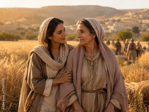 Young woman and elderly woman in ancient clothing standing in wheat field. Biblical scene depicting daughter-in-law and mother-in-law with emotional connection. Faith and historical life.