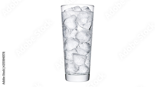 Tall glass of sparkling water with ice cubes