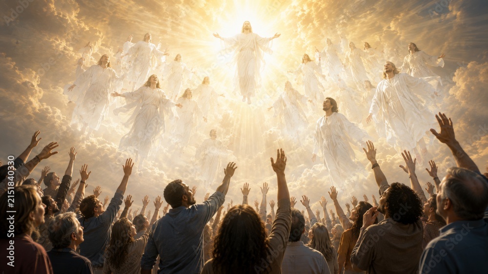 Obraz premium Jesus Christ ascending to heaven with angels in the sky while a crowd of man and woman worships with arms raised. Religious scene depicting the second coming or resurrection concept.
