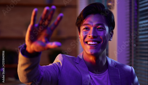 Young man smiling and waving in a colorful, vibrant setting.