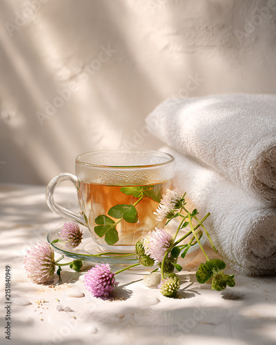 Herbal tea with towels and leaves summer concept generated.AI