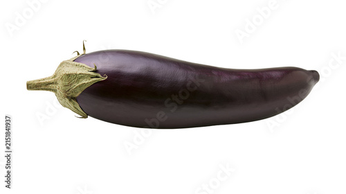 Dark purple eggplant with green stem and leaves