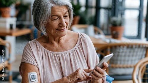 Elderly woman with medical device uses smartphone in cafe.
