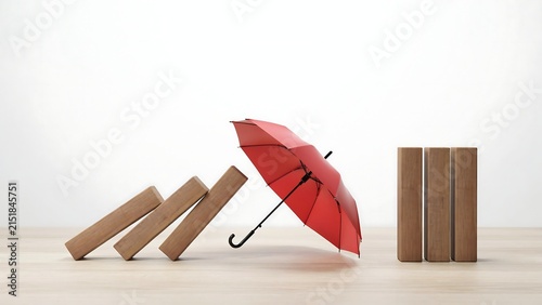 Red Umbrella Protecting Domino Blocks from Falling as a Symbol of Risk Management, Business Protection, Insurance and Crisis Prevention
