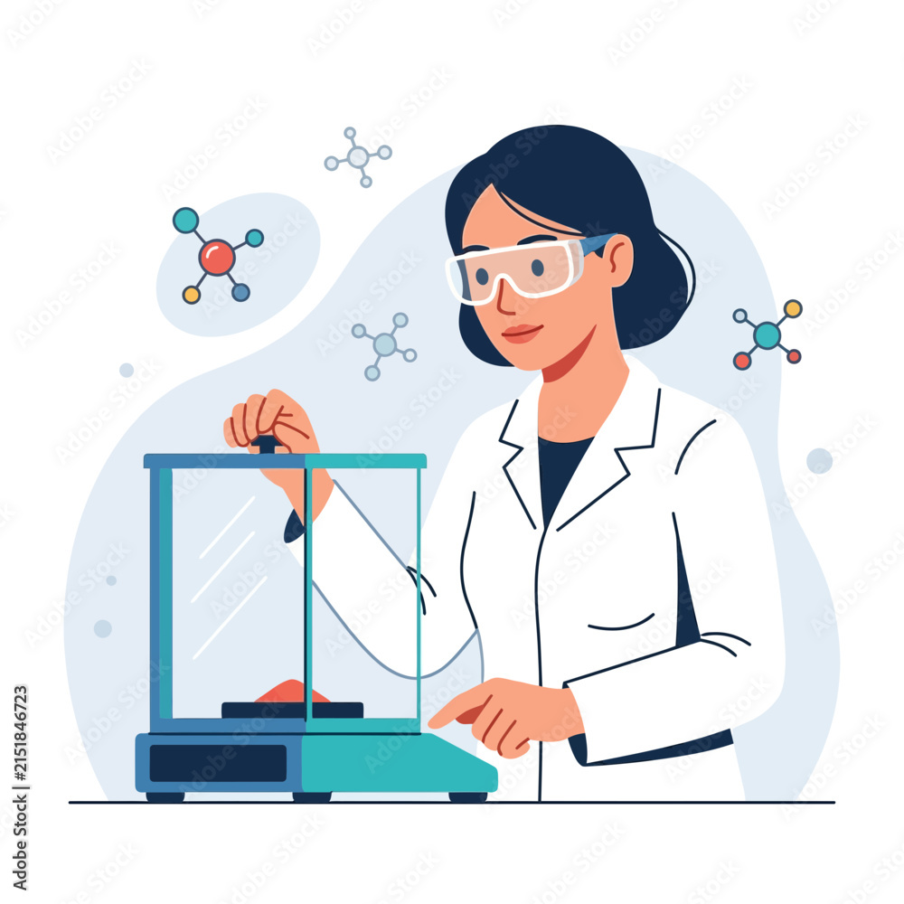 Fototapeta premium Scientist Using Precision Balance in Laboratory with Molecular Structures in Background - Vector Illustration
