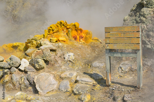 Canvas Print Solfatara Pozzuoli volcanic landscape with sulfur deposits and warning sign