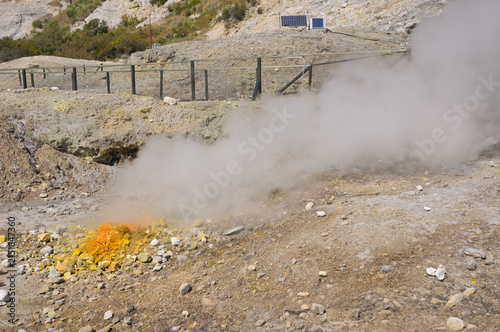 Obraz na plátně Solfatara volcano crater emitting toxic steam and sulfur from a fumarole