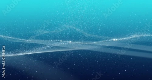 Glowing white light particles flow in fluid waves across a vibrant blue digital horizon creating dynamic motion effects suitable for high quality professional video broadcast clips.