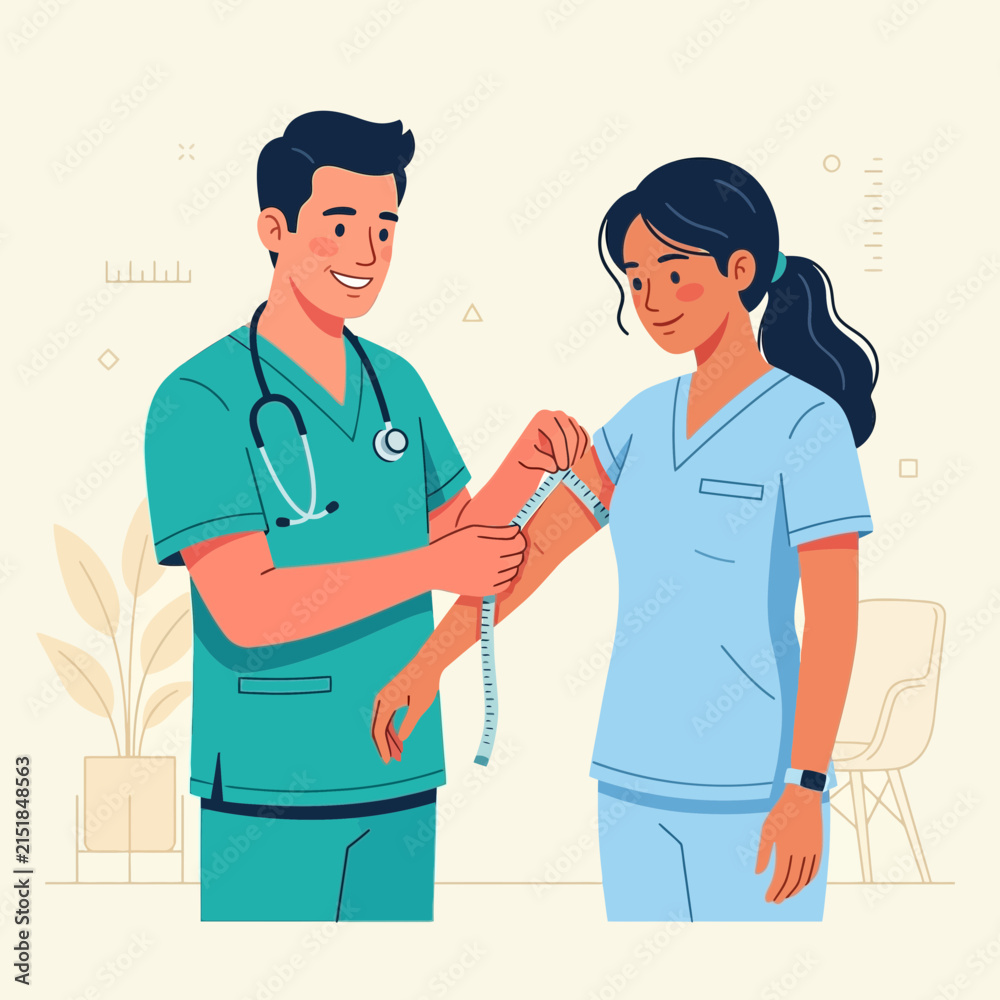 Fototapeta premium Doctor measuring patient's arm with tape measure, healthcare and medical concept, vector illustration