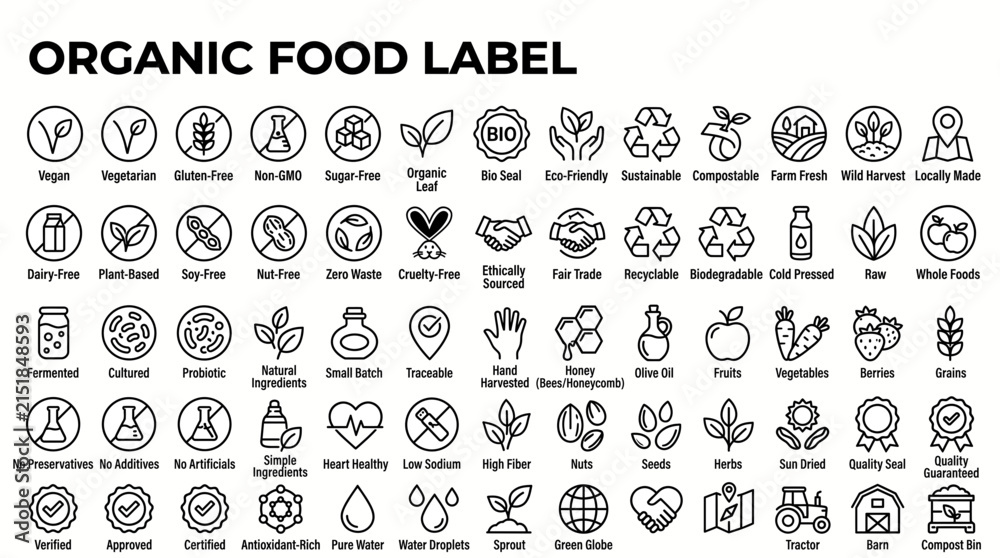 Fototapeta premium Set of organic food label icons, healthy and natural product symbols