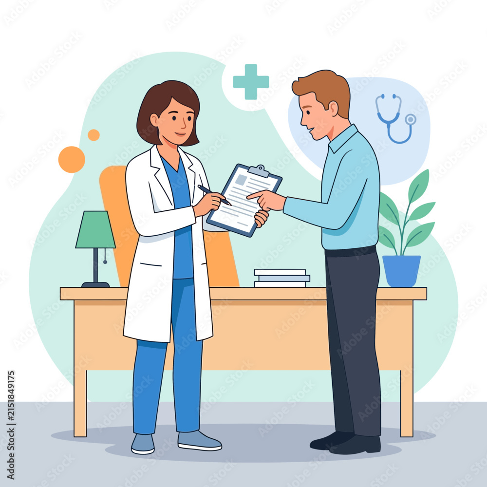 Fototapeta premium Doctor showing medical document to patient in clinic office, consultation, healthcare, diagnosis, advice, treatment, modern illustration style