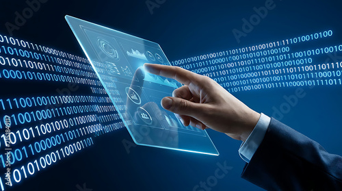 Business person touching a futuristic transparent digital tablet with binary code data streams