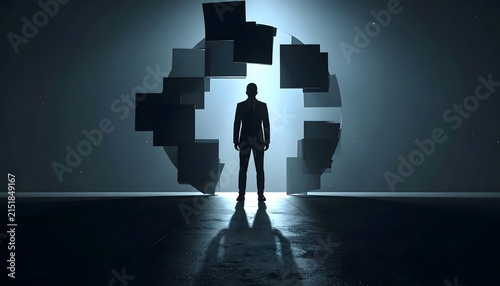 Silhouette of Businessman Standing in Front of Geometric Gateway with Bright Backlight.