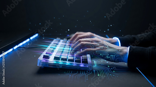 Futuristic cybernetic hands typing on a glowing keyboard representing advanced business tech technology and digital innovation