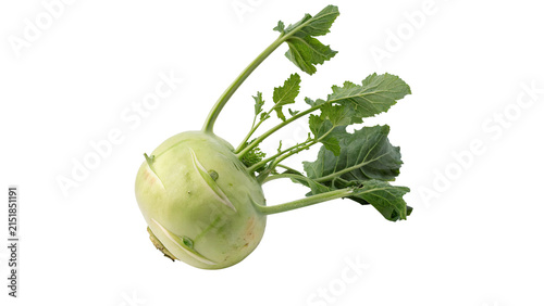 Quadro su tela Fresh raw green kohlrabi turnip cabbage with leaves isolated on transparent back