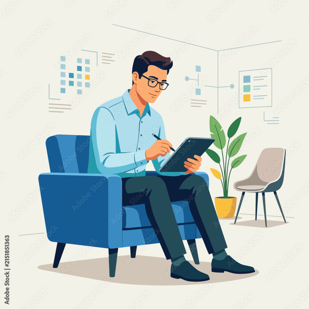 Fototapeta premium Modern Man in Office Setting Analyzing Data on Tablet, Focused and Professional