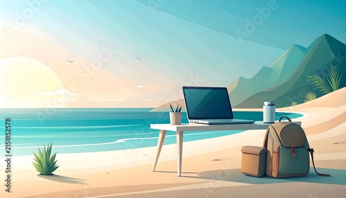 Remote Work Setup on a Sunny Tropical Beach with Laptop Desk Backpack and Ocean View.
