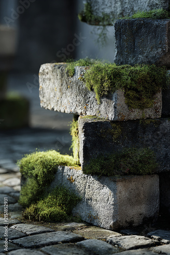 Concrete block s with patches green mosses on it generated.AI