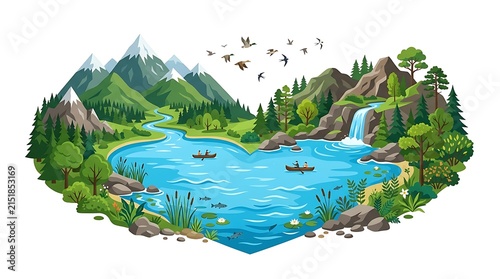 Symbolic heart shaped landscape illustration showcasing a beautiful lake surrounded by snow capped mountains, waterfalls, and lush forest nature