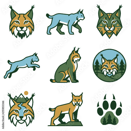 Set of stylized lynx and wild cat vector illustrations and icons.