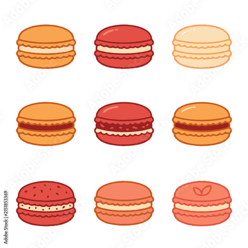 Set of colorful hand drawn french macaron dessert cookies.