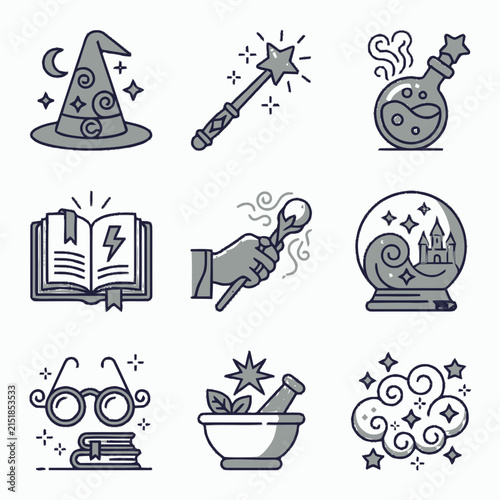 Set of magical wizard and alchemy themed icons.