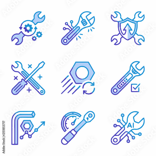 Set of engineering and maintenance repair icons with blue gradient.