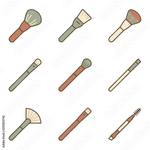 Set of cosmetic makeup brush icons in flat hand drawn style.
