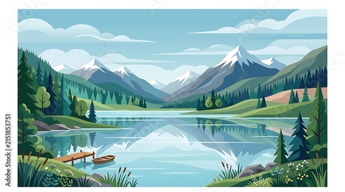 Peaceful mountain landscape with a calm lake reflecting snowy peaks and green forest in a flat vector style.