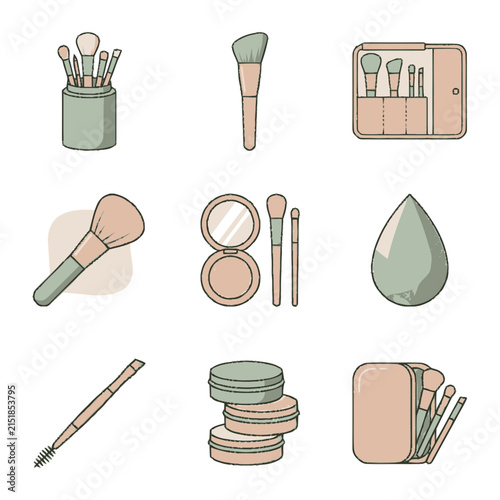 Set of Hand Drawn Cosmetic Makeup Tools and Beauty Accessories.
