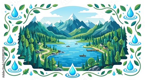 Flat vector illustration of a scenic mountain lake landscape with evergreen forests and a decorative water drop border representing environmental conservation.