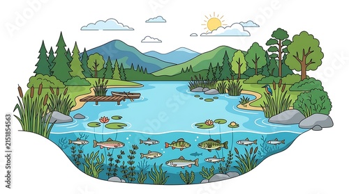 A cross-section illustration of a freshwater lake ecosystem featuring diverse fish species and wildlife scenery