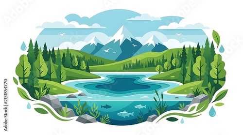 Scenic mountain landscape illustration featuring a calm blue lake with underwater life and pine forest.