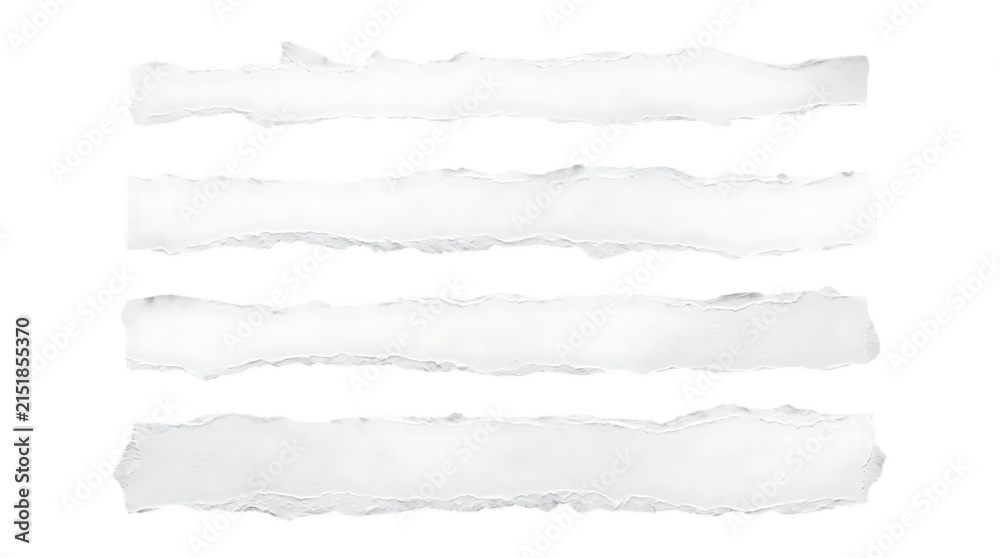 Fototapeta premium Four horizontal torn white paper strips isolated on a white background with fragment
