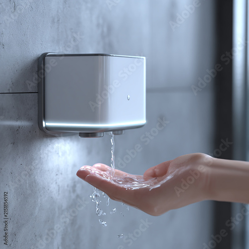Touchless dispenser hand receive soap to clean hands generated.AI