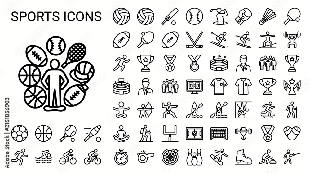 Fototapeta premium Set of sports icons, vector illustration, outline style