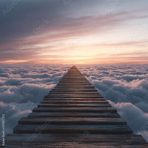 Lonely wooden pear on sea with cloudy track generated.AI