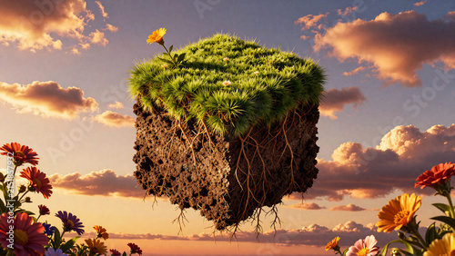 Floating Grass Cube with Wildflowers at Sunset