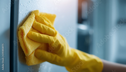 Yellow hand rubber gloves cleaning refrigerator generated.AI