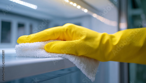 Yellow hand rubber gloves cleaning refrigerator generated.AI