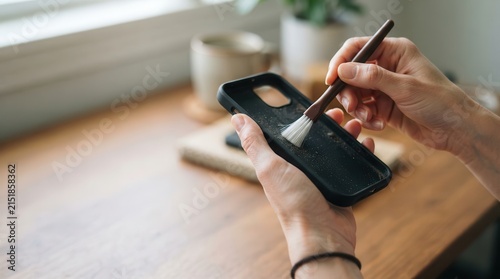Process of Cleaning a Smartphone Case with a Soft Bristle Brush