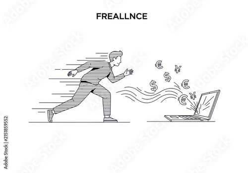 Freelance concept illustration of a man running to a laptop, digital nomad earning money online, remote work and financial success