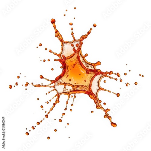 Dynamic amber liquid splash on white background, splashing brown tea or whiskey droplet burst, flying beverage crown splash