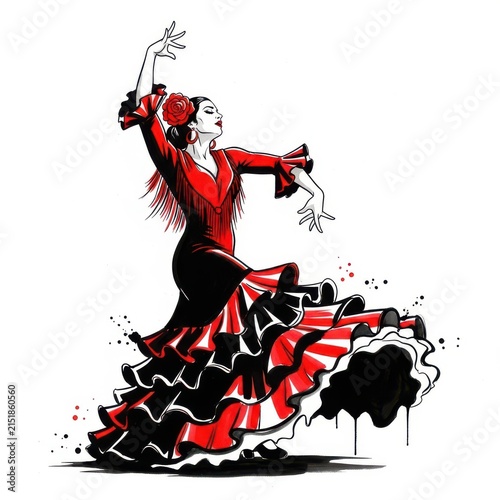Flamenco dancer in red dress, traditional Spanish dancer performing, elegant woman dancing flamenco with expressive movement
