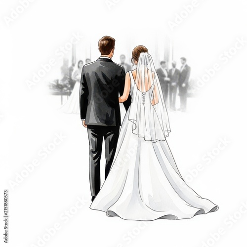 Elegant wedding couple walking down the aisle, bride in white gown and groom in black tuxedo, romantic marriage ceremony illustration
